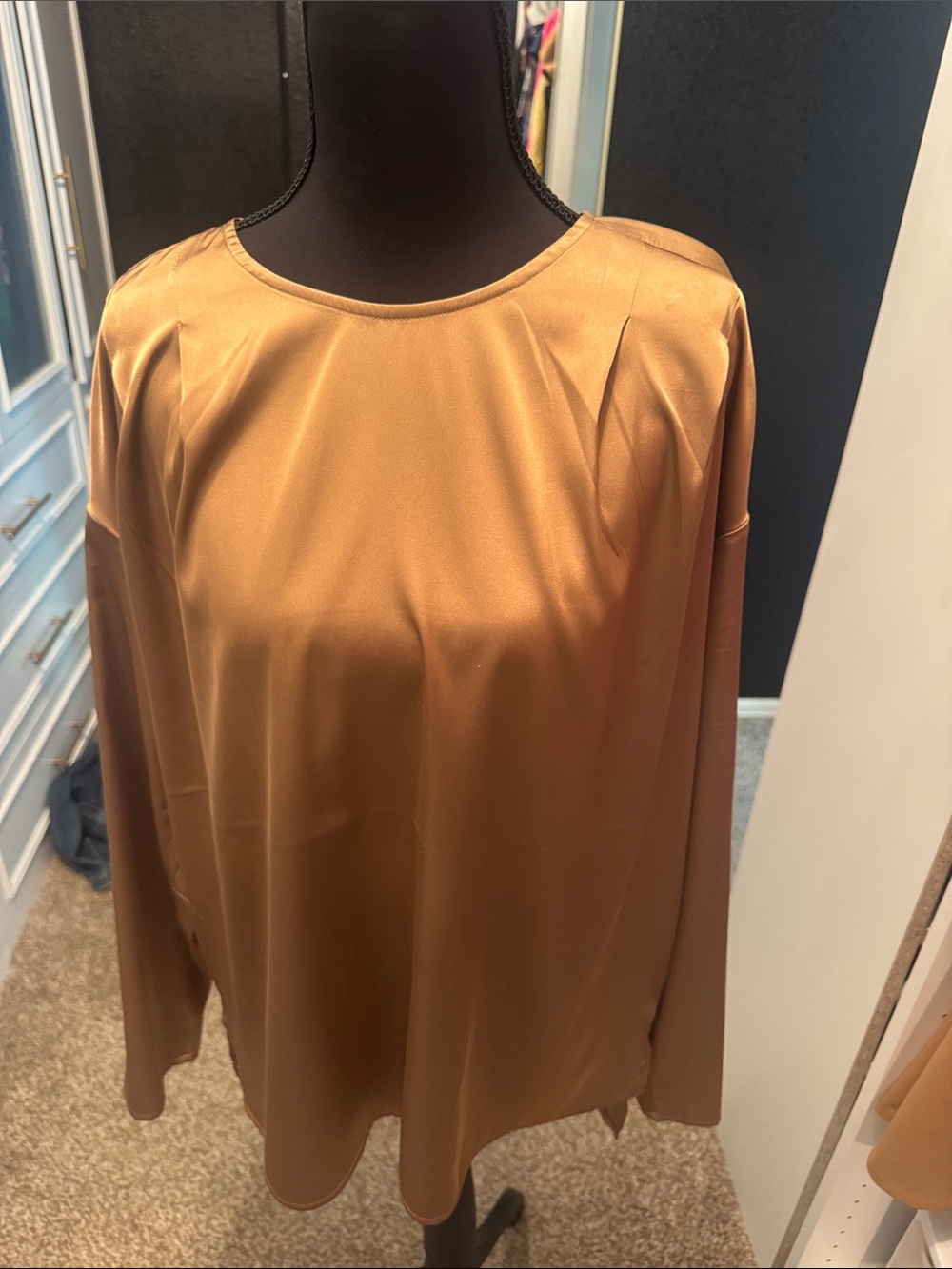 Express Satin Long-Sleeve Blouse in Camel Gold